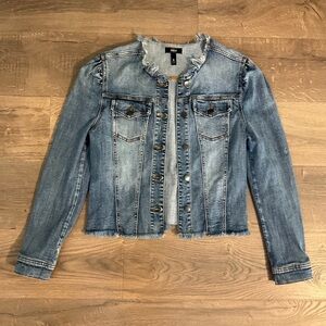 Aqua denim jacket with raw hem and collar, and puff sleeve detail, M